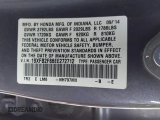 2014 Honda Civic Sedan EX with VIN 19XFB2F86EE272712, listed as a IAAI auction lot 41978115 with 189,123 mi miles. Bid and sale history available at carsss.com. Image 9.