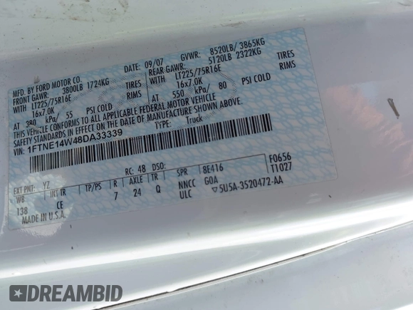 2008 Ford Econoline Cargo Commercial with VIN 1FTNE14W48DA33339, listed as a IAAI auction lot 42469025 with 362,936 mi miles and . Bid and sale history available at DreamBid. Image 9.