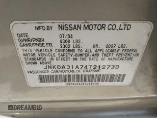 2004 Infiniti I35 with VIN JNKDA31A74T212730, listed as a IAAI auction lot 41875508 with 183,741 mi miles. Bid and sale history available at carsss.com. Image 9.