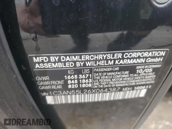 2006 Chrysler Crossfire with VIN 1C3AN55L26X064387, listed as a Copart auction lot 73326804 with 40,167 mi miles and Salvage Title. Bid and sale history available at DreamBid. Image 12.