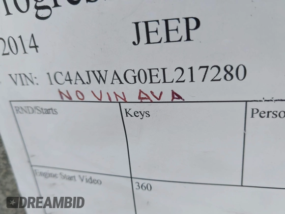 2014 Jeep Wrangler Sport с VIN 1C4AJWAG0EL217280, выставлен на аукционе IAAI как лот 42154964 с пробегом Не указан миль и . История ставок и продаж доступна на DreamBid. Изображение 9.