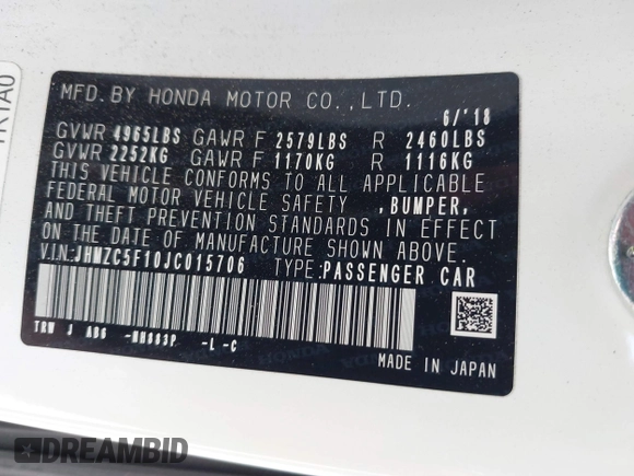 2018 Honda Clarity z VIN JHMZC5F10JC015706, wystawiony jako IAAI lot #42290573 z przebiegiem 158 987 mil mil oraz . Historia ofert i sprzedaży dostępna na DreamBid. Obrazek 9.