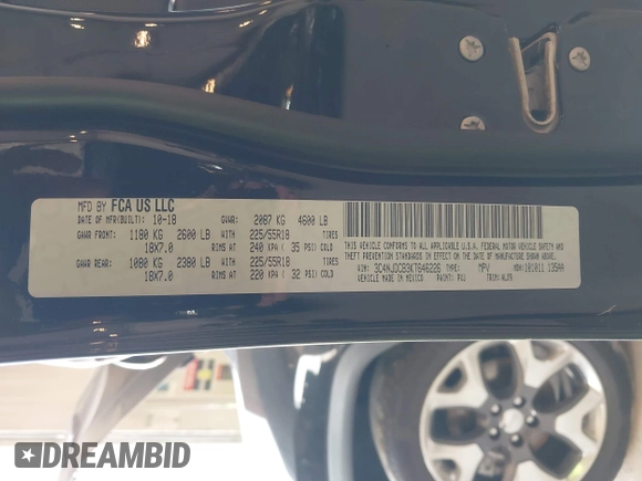 2019 Jeep Compass Limited with VIN 3C4NJDCB3KT646226, listed as a IAAI auction lot 42406026 with 34,494 mi miles and . Bid and sale history available at DreamBid. Image 9.