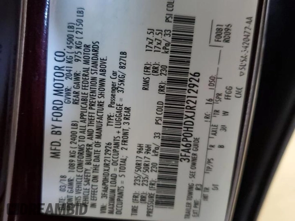 2018 Ford Fusion SE with VIN 3FA6P0HDXJR212926, listed as a Copart auction lot 52100685 with 75,213 mi miles and Salvage Title. Bid and sale history available at carsss.com. Image 12.