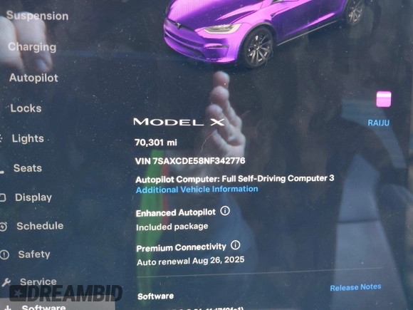 2022 Tesla Model X with VIN 7SAXCDE58NF342776, listed as a IAAI auction lot 42042369 with 70,301 mi miles and . Bid and sale history available at DreamBid. Image 7.