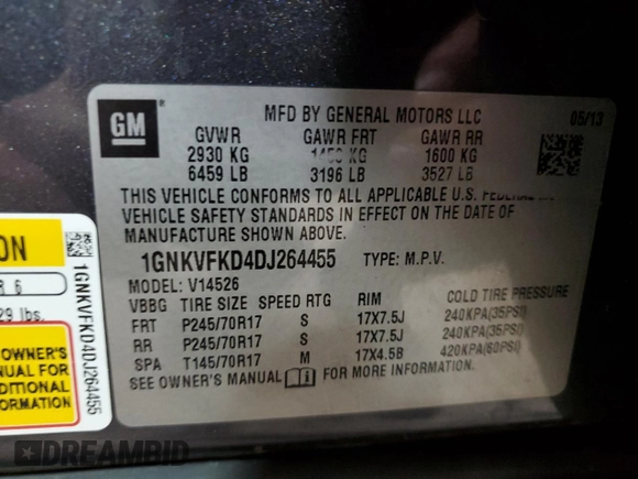 2013 Chevrolet Traverse LS with VIN 1GNKVFKD4DJ264455, listed as a Copart auction lot 89348575 with 178,947 mi miles and Salvage Title. Bid and sale history available at DreamBid. Image 14.