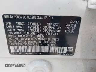 2017 Honda HR-V EX with VIN 3CZRU5H55HM725217, listed as a IAAI auction lot 42018861 with 60,980 mi miles. Bid and sale history available at carsss.com. Image 9.