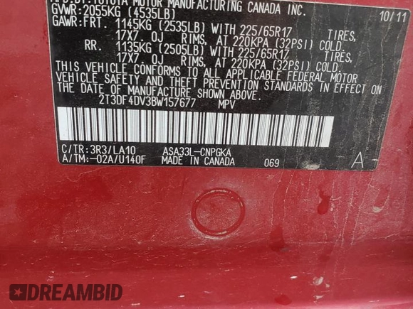 2011 Toyota RAV4 Limited with VIN 2T3DF4DV3BW157677, listed as a Copart auction lot 59919865 with 84,387 mi miles and Salvage title. Bid and sale history available at DreamBid. Image 13.
