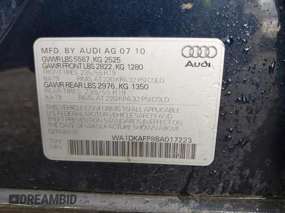 2011 Audi Q5 3.2L Premium Plus with VIN WA1DKAFP8BA017223, listed as a IAAI auction lot 41947560 with 171,041 mi miles. Bid and sale history available at carsss.com. Image 9.