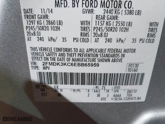 2014 Ford Edge Limited with VIN 2FMDK3KC6EBB65959, listed as a IAAI auction lot 41591088 with 190,605 mi miles. Bid and sale history available at carsss.com. Image 9.