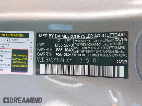 2006 Mercedes-Benz SLK 350 with VIN WDBWK56FX6F121510, listed as a IAAI auction lot 42086081 with 88,615 mi miles and . Bid and sale history available at DreamBid. Image 9.
