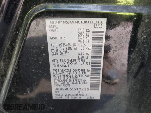 2016 Nissan Pathfinder Platinum with VIN 5N1AR2MM3GC610255, listed as a IAAI auction lot 42431509 with 118,167 mi miles and . Bid and sale history available at DreamBid. Image 9.