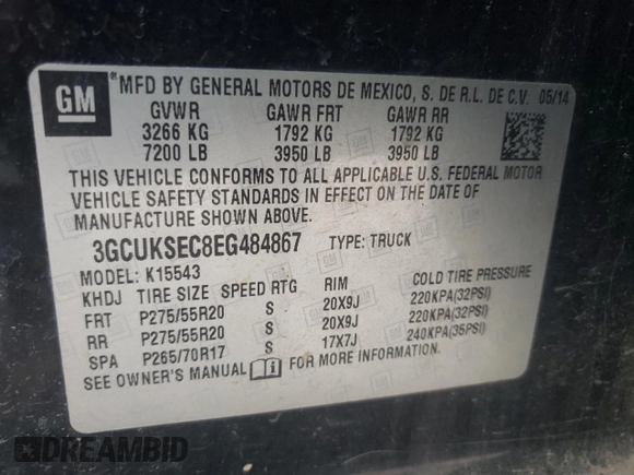 2014 Chevrolet Silverado 1500 LTZ with VIN 3GCUKSEC8EG484867, listed as a Copart auction lot 51838325 with 99,402 mi miles and Salvage Title. Bid and sale history available at carsss.com. Image 12.