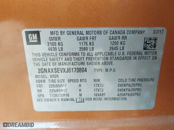 2018 Chevrolet Equinox LT with VIN 2GNAXSEVXJ6170804, listed as a IAAI auction lot 40216324 with 94,496 mi miles. Bid and sale history available at carsss.com. Image 9.