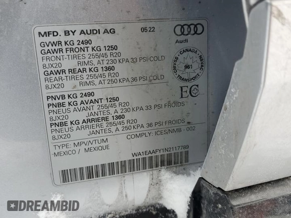 2022 Audi Q5 S line Premium Plus with VIN WA1EAAFY1N2117789, listed as a Copart auction lot 43724325 with 0 mi miles and Salvage Title. Bid and sale history available at carsss.com. Image 14.