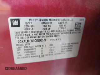 2012 GMC Terrain SLE-1 with VIN 2GKALMEK9C6296570, listed as a Copart auction lot 61337315 with 148,069 mi miles and Salvage title. Bid and sale history available at DreamBid. Image 12.