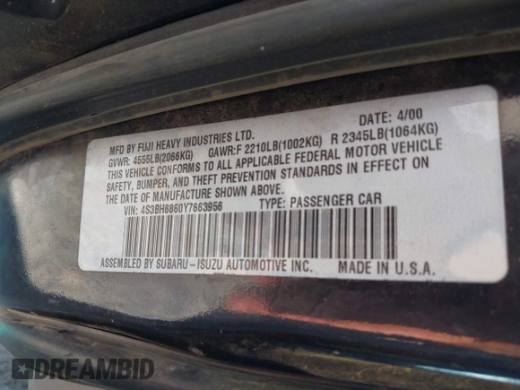 2000 Subaru Legacy Outback Limited with VIN 4S3BH6860Y7663956, listed as a IAAI auction lot 42615435 with 321,853 mi miles and . Bid and sale history available at DreamBid. Image 9.