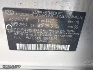 2016 Hyundai Sonata 2.4L Sport with VIN 5NPE34AF7GH431391, listed as a IAAI auction lot 41880383 with 123,546 mi miles. Bid and sale history available at carsss.com. Image 9.
