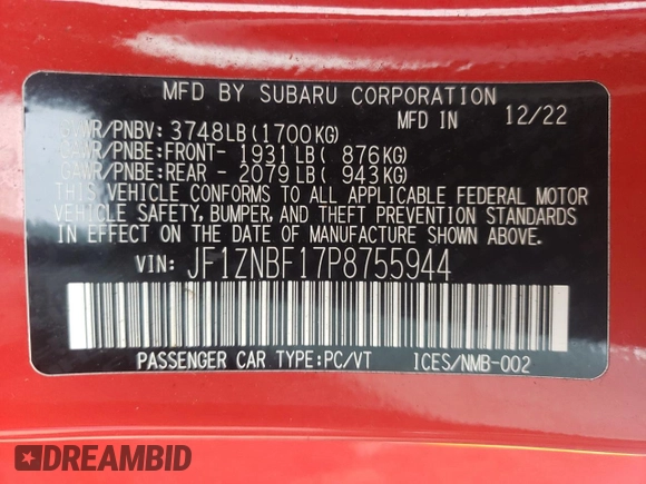 2023 Toyota 86 Premium with VIN JF1ZNBF17P8755944, listed as a Copart auction lot 49146795 with 23,108 mi miles and Salvage Title. Bid and sale history available at DreamBid. Image 12.
