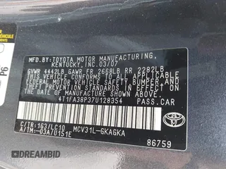 2007 Toyota Solara SE with VIN 4T1FA38P37U128354, listed as a IAAI auction lot 42126821 with 195,220 mi miles. Bid and sale history available at carsss.com. Image 9.