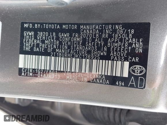 2019 Toyota Corolla L z VIN 2T1BURHE3KC136925, wystawiony jako IAAI lot #41894583 z przebiegiem 73 379 mil mil oraz . Historia ofert i sprzedaży dostępna na DreamBid. Obrazek 9.