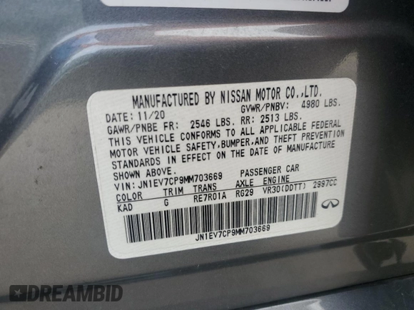 2021 Infiniti Q50 Signature Edition with VIN JN1EV7CP9MM703669, listed as a Copart auction lot 54861195 with 50,856 mi miles and Salvage title. Bid and sale history available at DreamBid. Image 12.