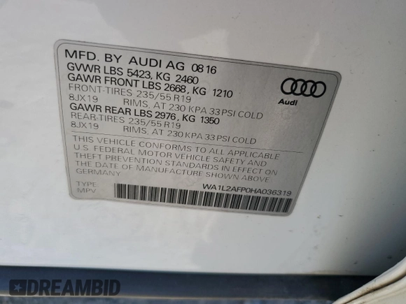 2017 Audi Q5 Premium Plus z VIN WA1L2AFP0HA036319, wystawiony jako Copart lot #59004985 z przebiegiem 145 356 mil mil oraz Czysty tytuł • Clean title. Historia ofert i sprzedaży dostępna na DreamBid. Obrazek 13.