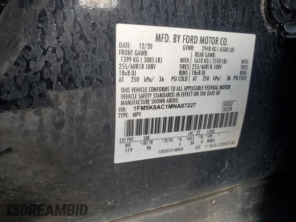 2021 Ford Explorer with VIN 1FM5K8AC1MNA07227, listed as a Copart auction lot 52340035 with 170,085 mi miles and Non repairable. Bid and sale history available at DreamBid. Image 13.