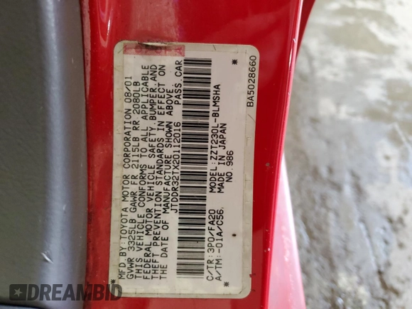 2002 Toyota Celica GT with VIN JTDDR32TX20112016, listed as a Copart auction lot 80249374 with 353,834 mi miles and Salvage Title. Bid and sale history available at carsss.com. Image 12.