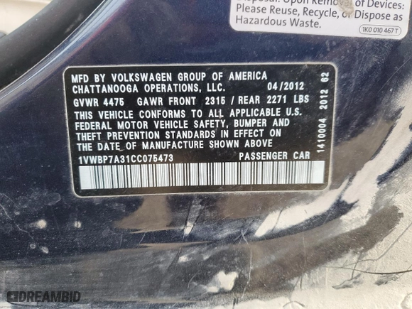2012 Volkswagen Passat SE with VIN 1VWBP7A31CC075473, listed as a Copart auction lot 42521505 with 286,113 mi miles and Salvage Title. Bid and sale history available at carsss.com. Image 15.