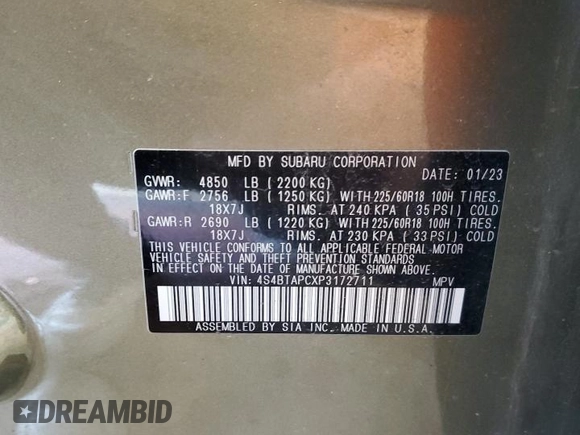 2023 Subaru Outback Touring with VIN 4S4BTAPCXP3172711, listed as a Copart auction lot 89142085 with 21,130 mi miles and Salvage title. Bid and sale history available at DreamBid. Image 13.