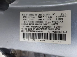 2013 Honda Accord Sdn EX-L with VIN 1HGCR2F84DA095191, listed as a IAAI auction lot 41785855 with 168,789 mi miles. Bid and sale history available at carsss.com. Image 9.
