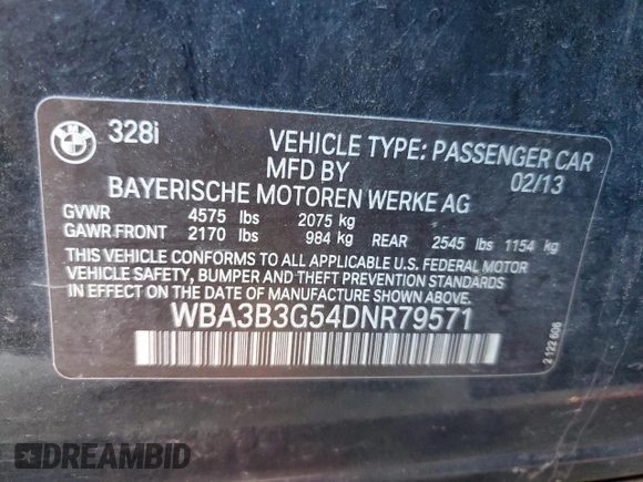 2013 BMW 3 Series 328i xDrive with VIN WBA3B3G54DNR79571, listed as a Copart auction lot 46524805 with 134,781 mi miles and Salvage Title. Bid and sale history available at carsss.com. Image 14.