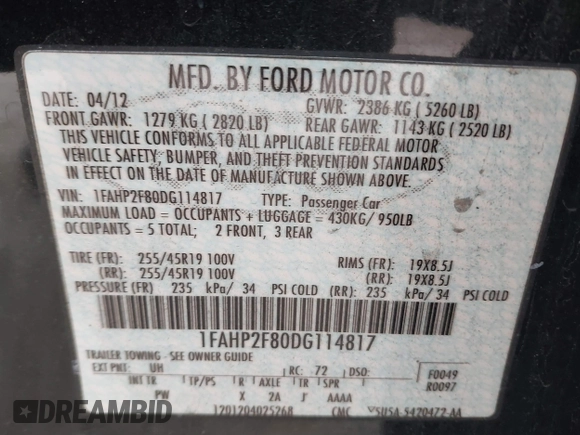 2013 Ford Taurus Limited with VIN 1FAHP2F80DG114817, listed as a IAAI auction lot 41429111 with 207,104 mi miles. Bid and sale history available at carsss.com. Image 9.