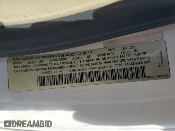 2009 Volkswagen Beetle S с VIN 3VWRW31C79M505010, выставлен на аукционе Copart как лот 73480374 с пробегом 111 349 миль миль и Списание • Salvage title. История ставок и продаж доступна на DreamBid. Изображение 12.