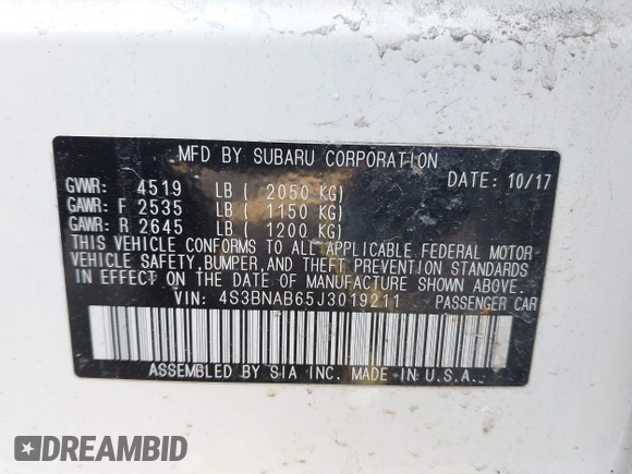 2018 Subaru Legacy with VIN 4S3BNAB65J3019211, listed as a IAAI auction lot 41910168 with 63,423 mi miles. Bid and sale history available at carsss.com. Image 9.