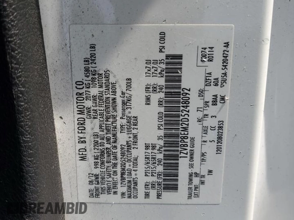 2013 Ford Mustang V6 with VIN 1ZVBP8EM2D5248092, listed as a Copart auction lot 62529765 with 107,771 mi miles and Salvage title. Bid and sale history available at DreamBid. Image 12.