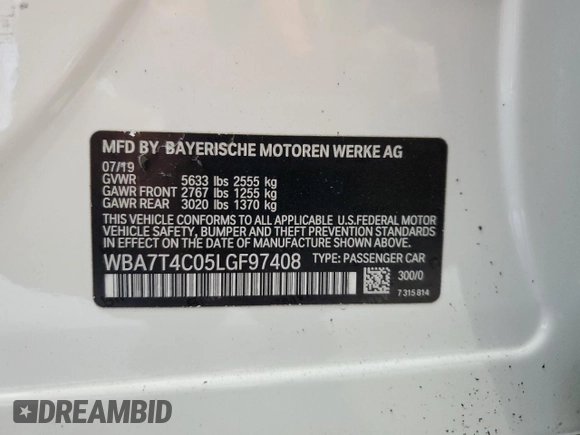 2020 BMW 7 Series 740i xDrive with VIN WBA7T4C05LGF97408, listed as a Copart auction lot 49415575 with 151,909 mi miles and Clean title. Bid and sale history available at DreamBid. Image 12.