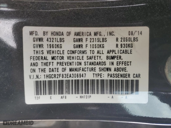 2014 Honda Accord Sedan EX-L with VIN 1HGCR2F83EA306947, listed as a Copart auction lot 50935455 with 250,142 mi miles and Salvage Title. Bid and sale history available at carsss.com. Image 12.