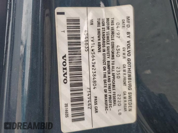 1998 Volvo V70 с VIN YV1LW5643W2384804, выставлен на аукционе Copart как лот 58273805 с пробегом 90 351 миль миль и Чистый • Clean title. История ставок и продаж доступна на DreamBid. Изображение 12.