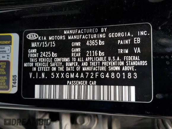 2015 Kia Optima LX with VIN 5XXGM4A72FG480183, listed as a Copart auction lot 54328475 with 116,443 mi miles and Clean Title. Bid and sale history available at carsss.com. Image 12.