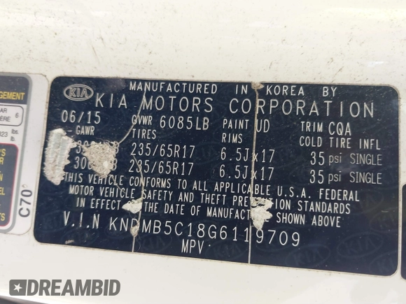 2016 Kia Sedona LX with VIN KNDMB5C18G6119709, listed as a IAAI auction lot 41814349 with 132,329 mi miles. Bid and sale history available at carsss.com. Image 9.