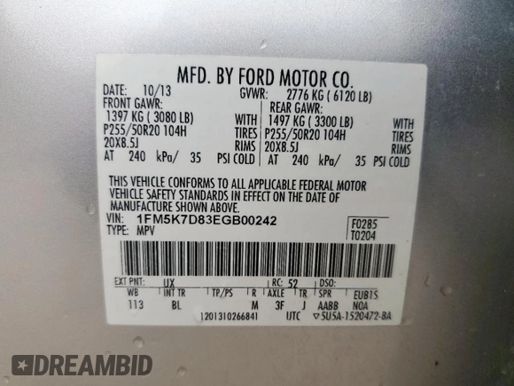 2014 Ford Explorer XLT with VIN 1FM5K7D83EGB00242, listed as a Copart auction lot 60711375 with 159,957 mi miles and Salvage title. Bid and sale history available at DreamBid. Image 13.