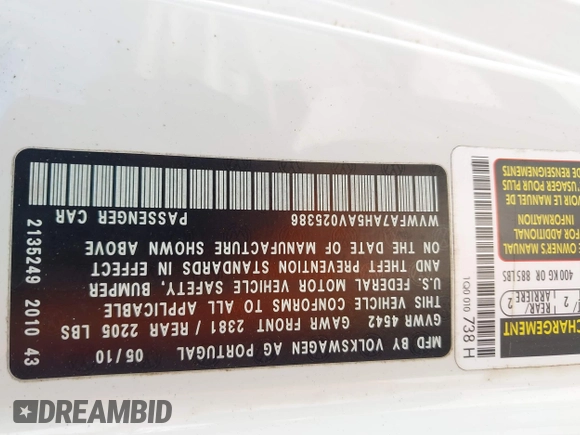 2010 Volkswagen Eos Lux с VIN WVWFA7AH5AV025386, выставлен на аукционе IAAI как лот 42446109 с пробегом 135 767 миль миль и . История ставок и продаж доступна на DreamBid. Изображение 9.