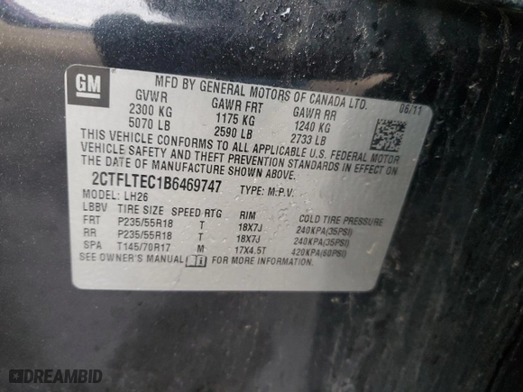 2011 GMC Terrain SLE-2 with VIN 2CTFLTEC1B6469747, listed as a Copart auction lot 51975725 with 179,073 mi miles and Salvage Title. Bid and sale history available at carsss.com. Image 12.