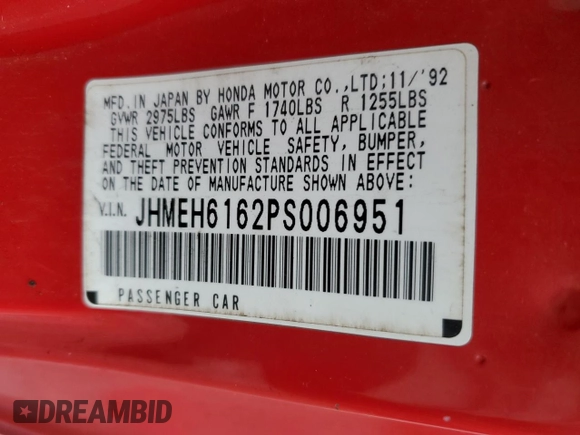 1993 Honda del Sol Si z VIN JHMEH6162PS006951, wystawiony jako Copart lot #86438414 z przebiegiem 160 342 mil mil oraz Szkody całkowita. Historia ofert i sprzedaży dostępna na DreamBid. Obrazek 12.