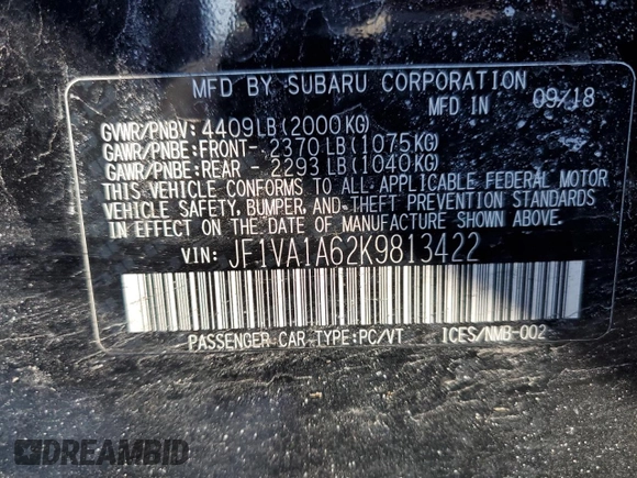 2019 Subaru WRX with VIN JF1VA1A62K9813422, listed as a Copart auction lot 46228885 with 73,255 mi miles and Salvage Title. Bid and sale history available at carsss.com. Image 12.