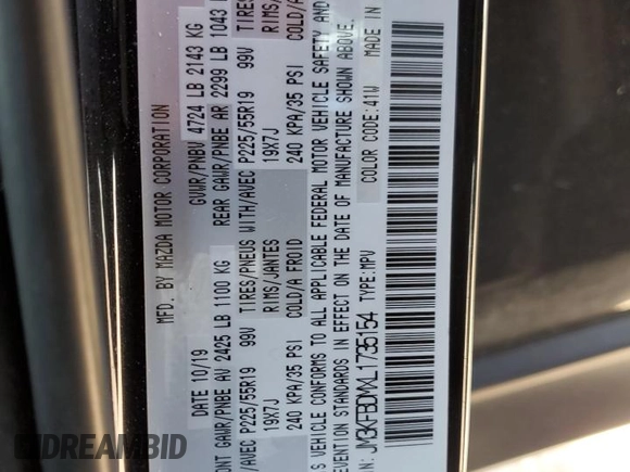 2020 Mazda CX-5 Grand Touring with VIN JM3KFBDMXL1735154, listed as a Copart auction lot 49313585 with 82,750 mi miles and Salvage Title. Bid and sale history available at DreamBid. Image 12.