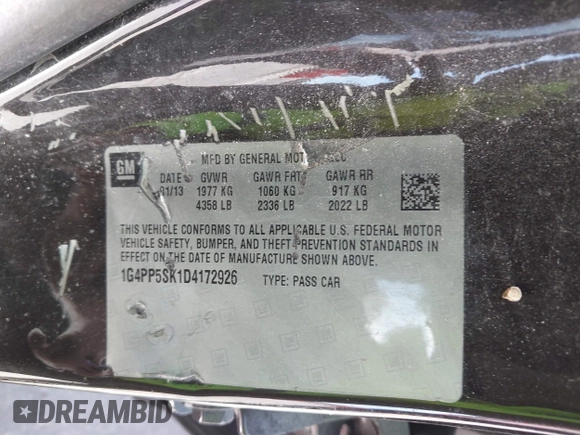 2013 Buick Verano with VIN 1G4PP5SK1D4172926, listed as a IAAI auction lot 41799868 with 94,498 mi miles and . Bid and sale history available at carsss.com. Image 9.
