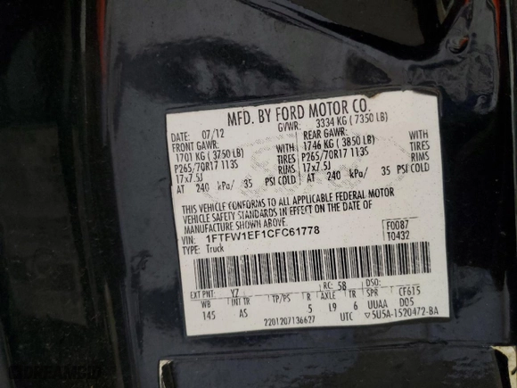2012 Ford F-150 XL with VIN 1FTFW1EF1CFC61778, listed as a Copart auction lot 48962265 with 230,907 mi miles and Clean Title. Bid and sale history available at carsss.com. Image 12.